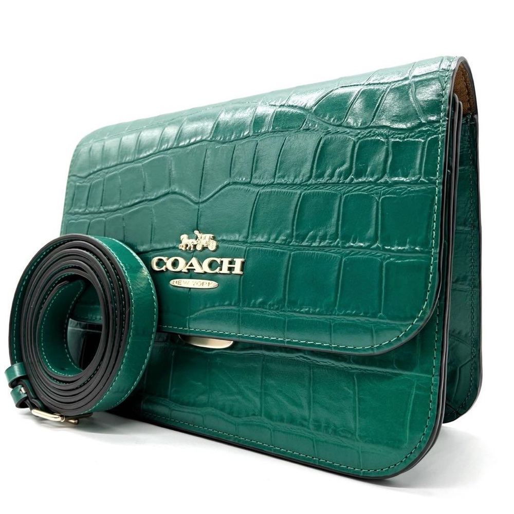 Coach Brynn Flap Crossbody Bag in green crocodile-embossed leather